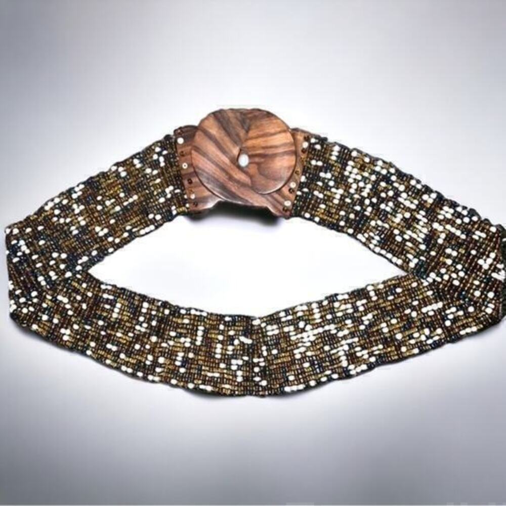 Vintage Hand Made Beaded Boho Belt With Wooden Hook Buckles, MCM